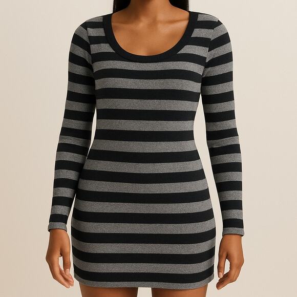 Express Striped Sweater Dress XS Black Gray Long Sleeve Y2K Bodycon Mini - Picture 1 of 9